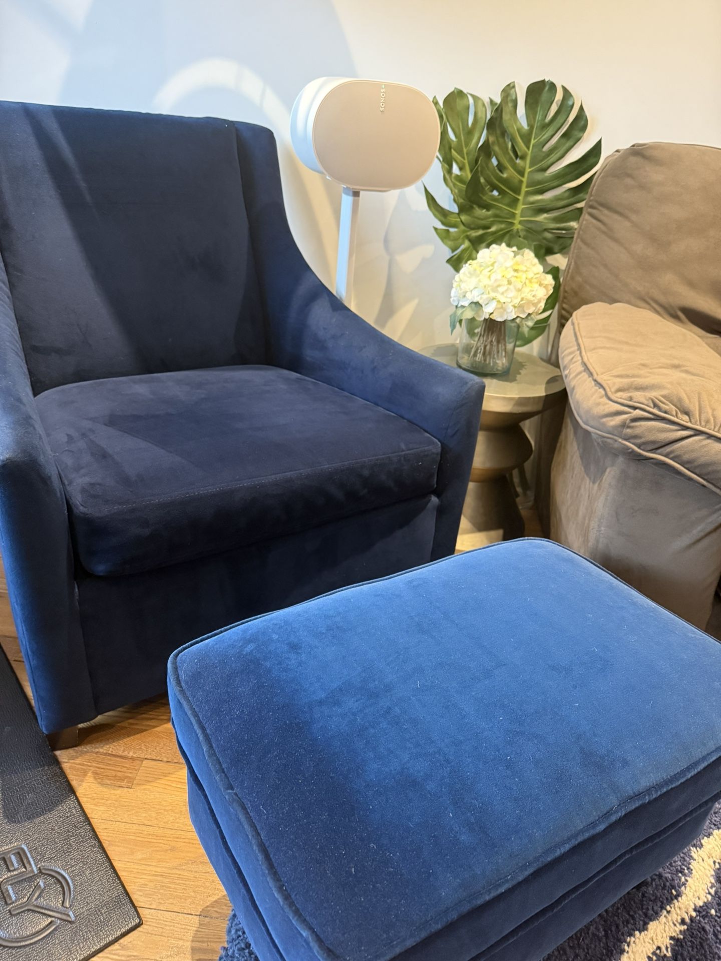 West Elm Blue Velvet Accent Chair + Matching IKEA Storage Ottoman. Excellent Condition