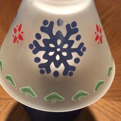 8” cobalt frosted tea light snow themed glass candle holder 