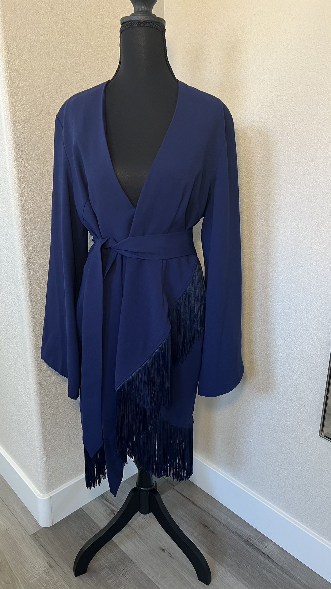 Navy Blue Fringe Overlap Long Sleeve Dress - Large