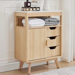 Fluted Bathroom Floor Cabinet with Sliding Door, Modern 3 Drawers Storage Organizer w/Adjustable Shelf and Faux Marble Top, Small Curved Profile Wood 