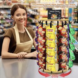 New Chip Rack Display Stand, 5 Tiers 40 Clips Display Stand, 360°Rotating Wooden Base Chip Bag Holder Candy Display for Concession Stand Countertop, P