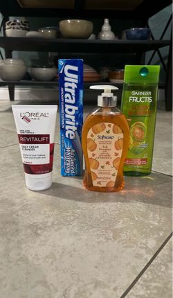 Loreal Cleanser, Garnier Fructis Shampoo, Softsoap, Ultra Brite Toothpaste
