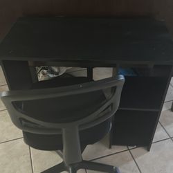 Wood desk, two shelves and computer chair with cushion