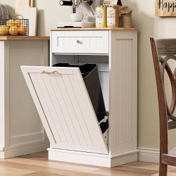 🔥 13 Gallons Tilt Out Trash Cabinet Kitchen Waste Bins Free Standing Laundry Hamper Recycling Cabinet Trash Can Holder with Hideaway Drawer Pet Proof