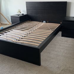 Bed Frame Queen Black With Wooden Bamboo Slats 