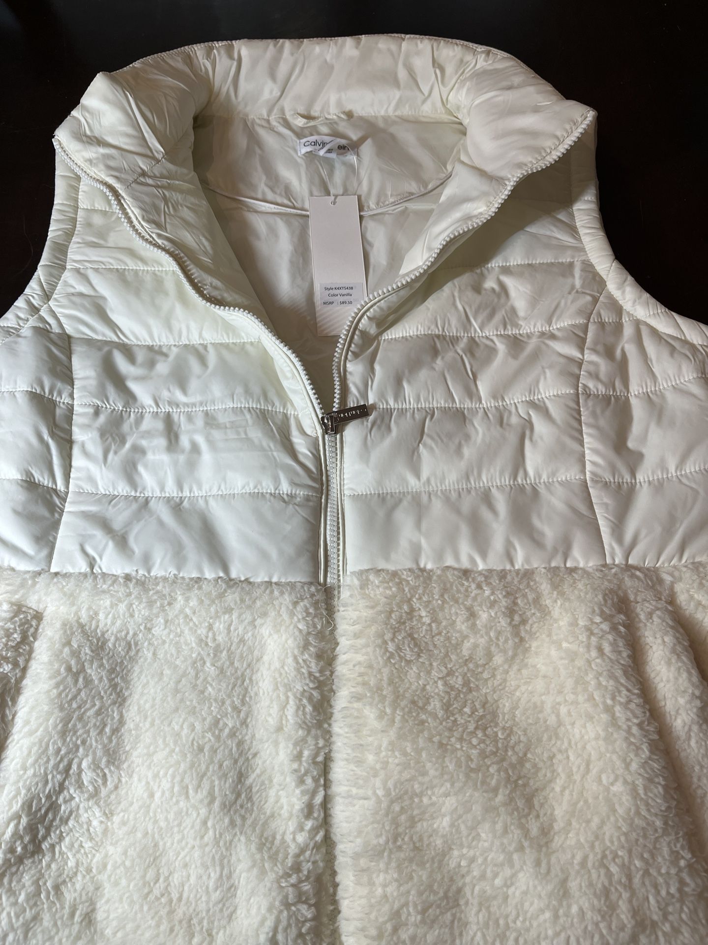 Calvin Klein White Puffer Vest with Fleece Trim NEW