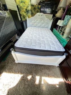Full White Ornate Bed Frame with Mattress