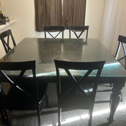 Heavy Wooden Dining Table with Glass Top + 6 Chairs