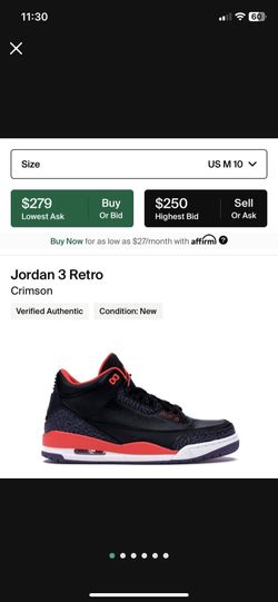 Air Jordan 3 : Crimson w/Box -  Size 10