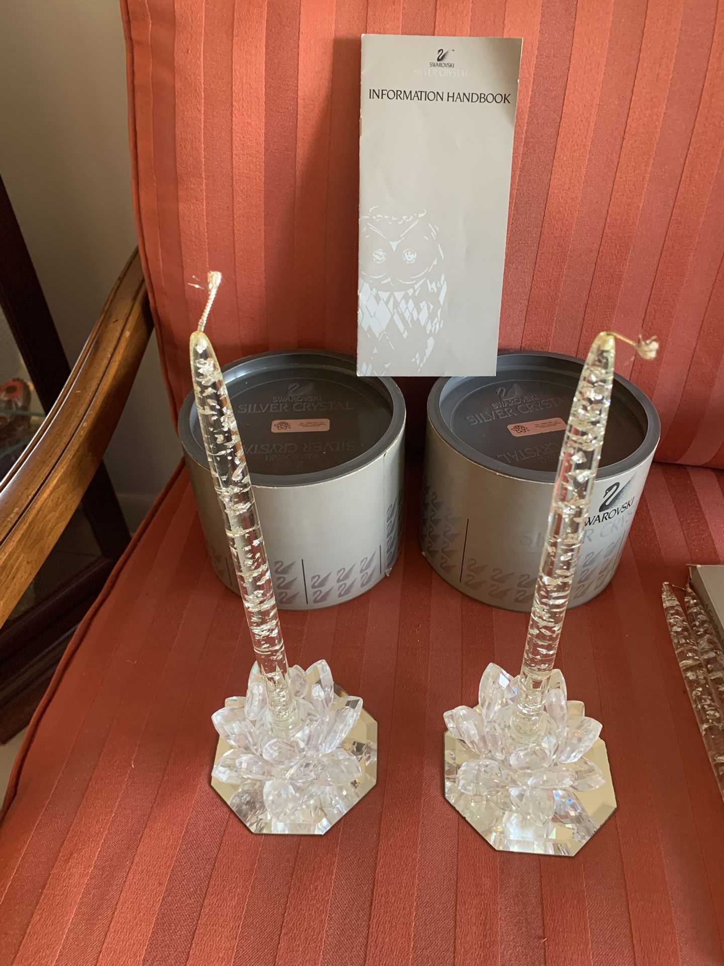 Swarovski Crystal Lily Candle Holders With Added 4 Decretive Lucite Candles & 2 Mirror For Display 4 Decretive
