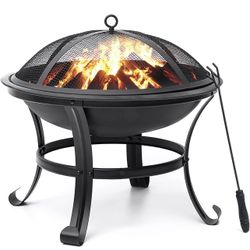 Fire Pit 22" Wood Burning Fire Pits Outdoor Firepit Steel BBQ Grill Fire Bowl with Spark Screen, Log