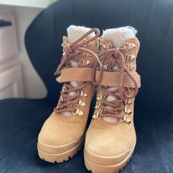 Women's Tan Suede Chestnut Ankle Boots Faux Fur Shoe Lace Beige Fashion Statement Trend