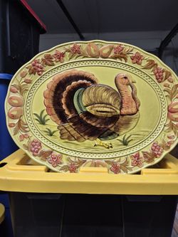 Vintage Lefton Oval Turkey Thanksgiving Dinner Platter Green Harvest Japan