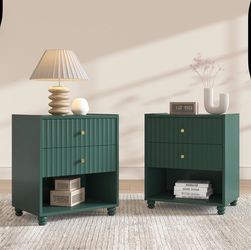 22 inch Tall Green Nightstand Set of 2, Fluted Bedside Table with 2 Drawers and Open Shelf, Small End Table with Gold Handle for Bedroom (2,Green)