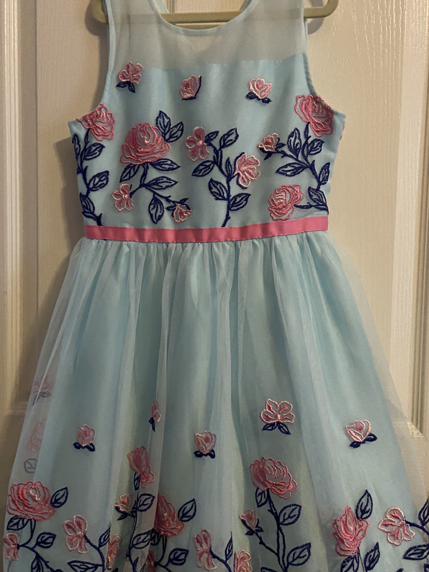 Pretty Party Dress - Blue With Pink Flowers (girls)