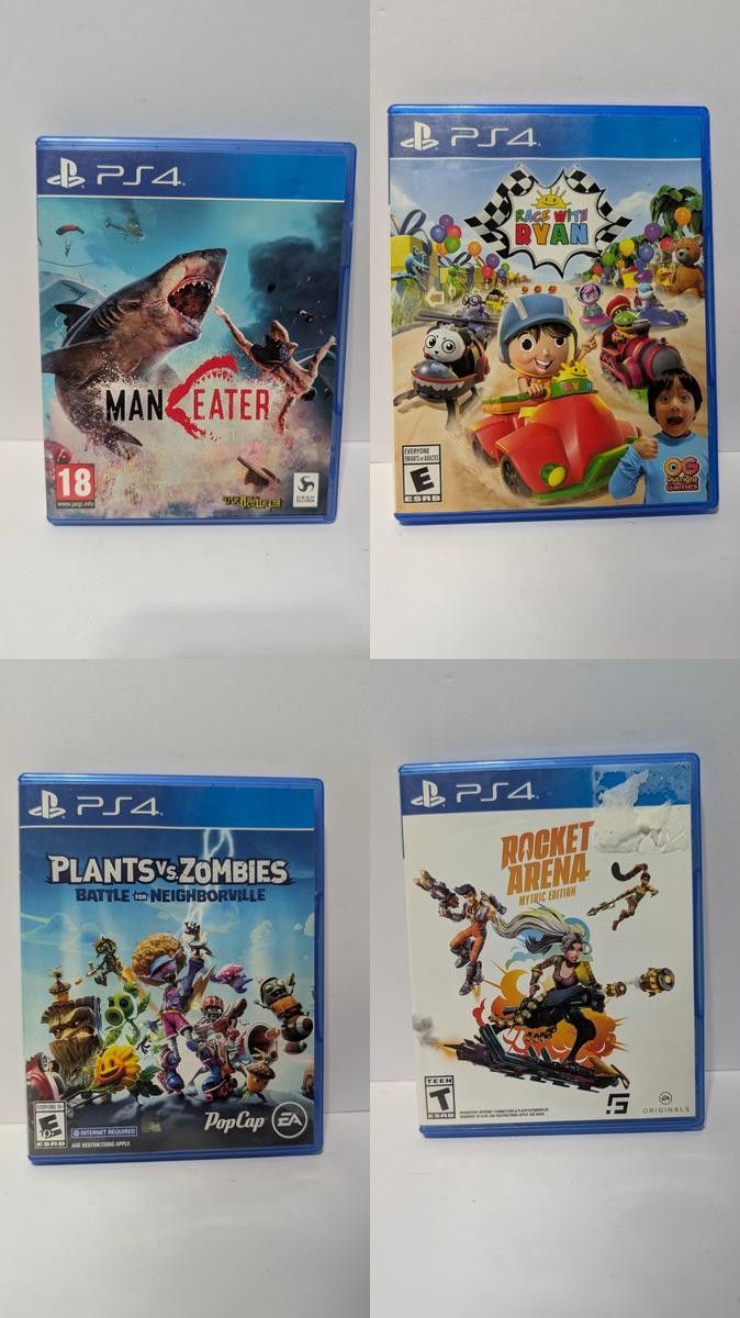Lot of 4 PS4 Games - Maneater, Rocket Arena, Race with Ryan, PvZ Battle for Neighborville