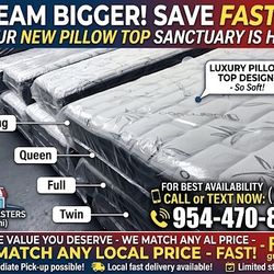 Upgrade your bedroom with a brand new, factory-sealed Pillow Top mattress and matching Box Spring set. 