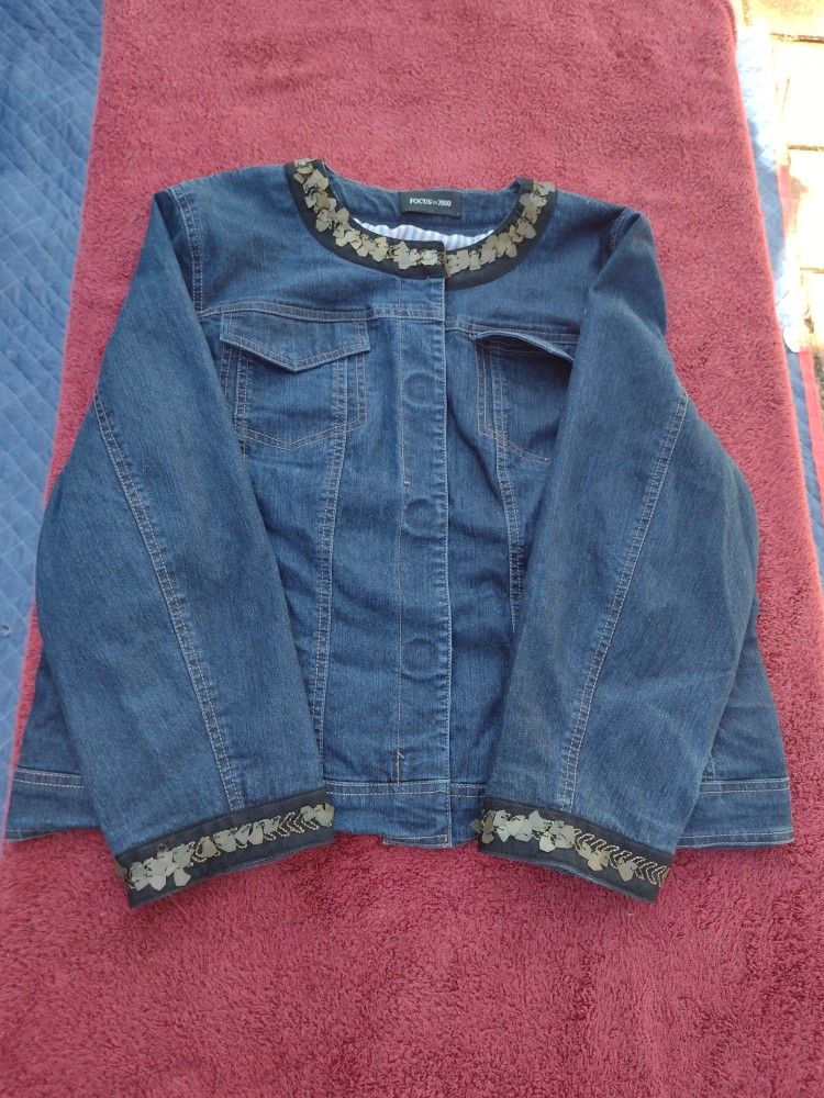 Womens FOCUS 2000 Embellished Denim Jean Lined Snap Buttons JACKET Size 14