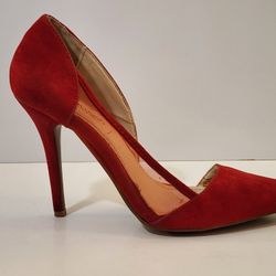 Anne Michelle Red Faux Suede Pointy Toe Ultra-High Pumps, Mesh Outstep, Size 9