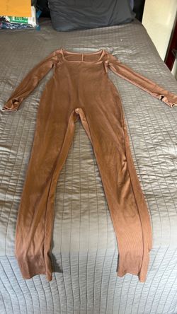 Brown Ribbed Long Sleeve Jumpsuit