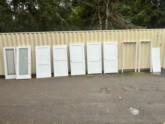 SURPLUS White Interior Doors – Multiple 2-Panel Doors, Glass Door & Frames – Renovation Lot