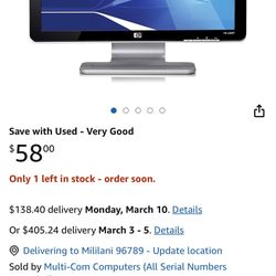 HP w2007 20 inch lcd monitor, working, w/ power cable, pickup Waipahu 