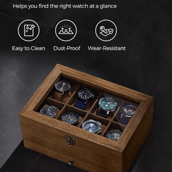SONGMICS 8-Slot Watch Box, 2-Tier Watch Display Case with Large Glass Lid, Removable Watch Pillows, Velvet Lining, Jewelry Box, Gift Idea, Rustic Waln