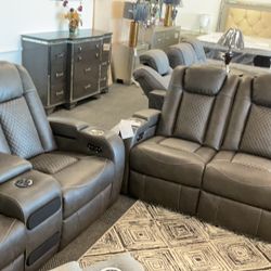 NEW! Real Leather Power Reclining With USB Plug In, Radio, Bluetooth Speakers, And LED Lights Sofa $1799