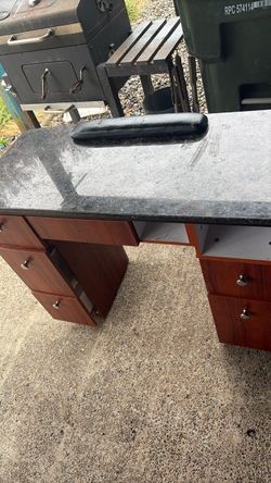 Wood Nail Saloon Desk with Marble Top and Drawers