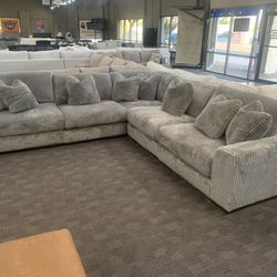 Super Soft Grey Corduroy Sectional Couch 