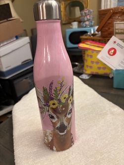 Pink Floral Fawn Stainless Steel Water Bottle - 17oz Boho Deer Insulated Bottle