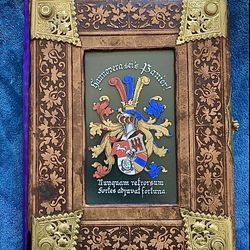 ANTIQUE EUROPEAN LEATHER PHOTO ALBUM GILT BRONZE ENAMEL GLASS HAND PAINTED