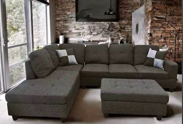 Charcoal linen sectional couch and ottoman