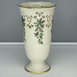 Lenox Holiday Pierced Medium Footed Vase Holly Berry Motif & Scalloped Rim