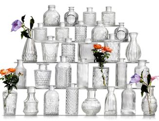 Glass Bud Vase Set of 30 - Small Vases for Flowers in Bulk - Assorted Vintage Crystal Vases for Flowers, Table Centerpieces (Clear, 30 Pcs)