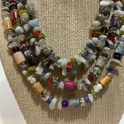Natural Stone Beads Multiple Layers Necklace 17” Inches Long