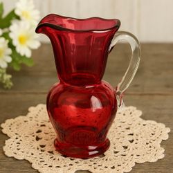 Pilgrim Glass 1960s Cranberry Art Glass Miniature Pitcher Applied Handle, 3x5.5”
