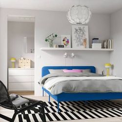 As new, SLATTUM Upholstered bed frame blue