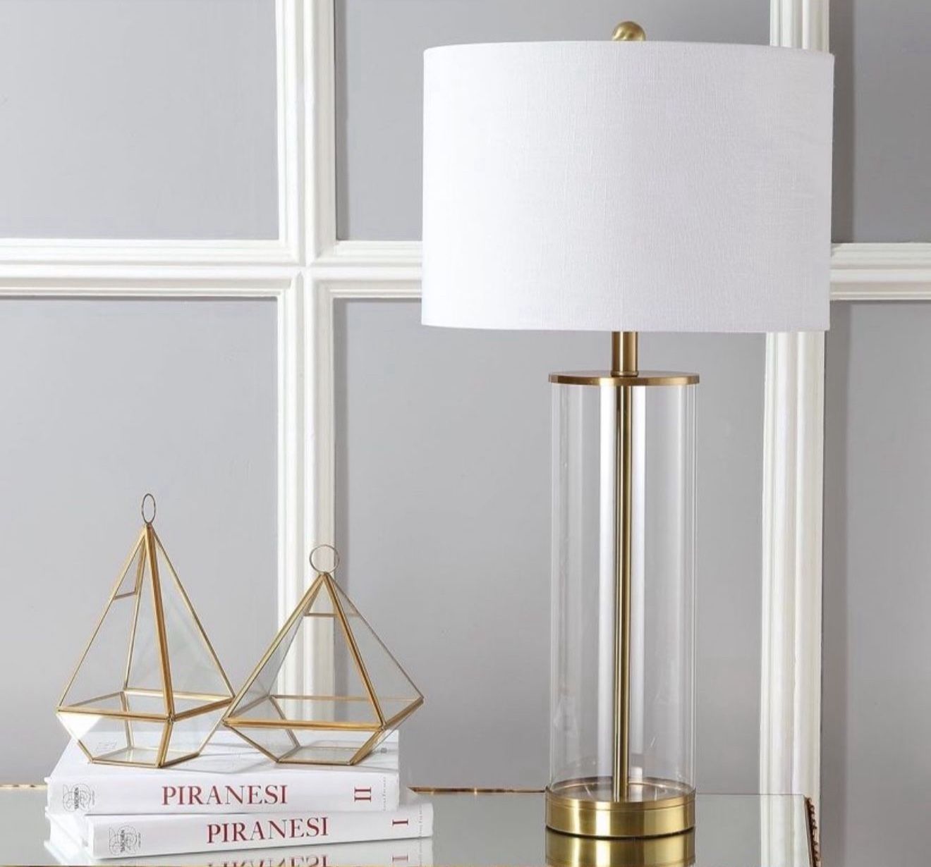 Modern Glamor Glass Table Lamp, Gold Lamp with White Fabric Shade (23.5”)