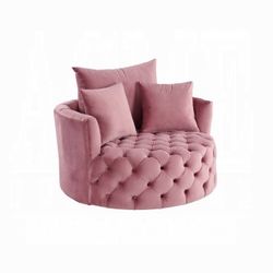 Pink velvet round accent chair button tufted pillows brand new in box firm price $599