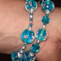 PINK ROSES GLASS BEADS BRACELETS, ANKLET, & RING SET