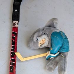 Vintage San Jose Sharks NHL Plush Stuffed Animal Toy Mascot 1991s & HockeyFranklin 1020-40 Shot Zone Youth Hockey Stick 