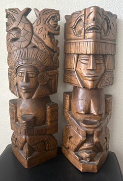Vintage Aztec Mayan Carved WOOD TOTEM WARRIOR 17" Eagle Temple Tiki