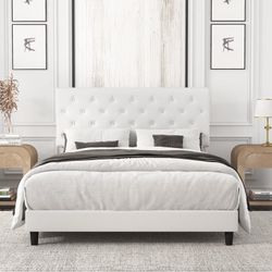 Full Size Faux Leather Upholstered Platform Bed Frame with Adjustable Headboard, Diamond Button Tufted Style, White
