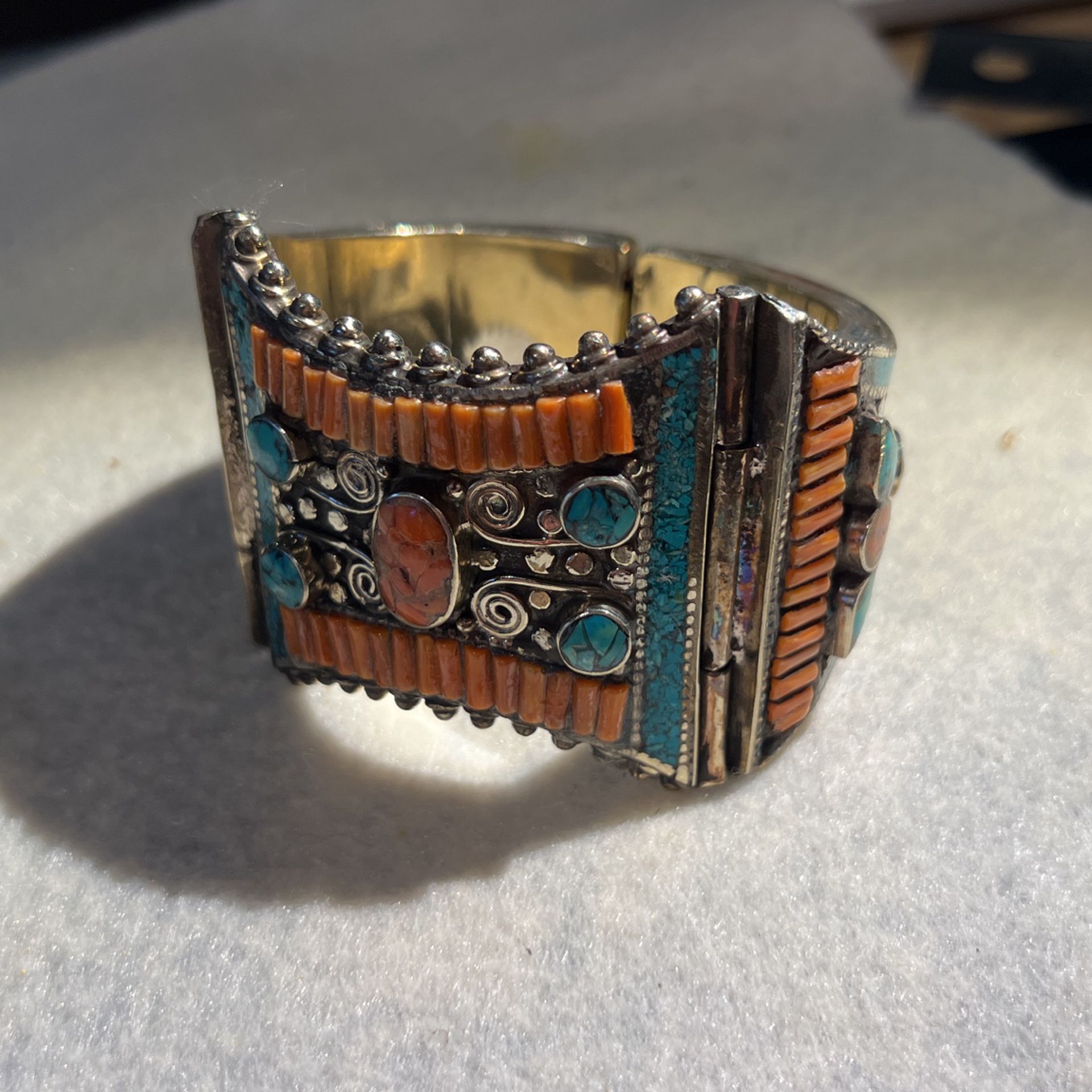 Nepali Silver Coral Turquoise In Laid Detailed Cuff