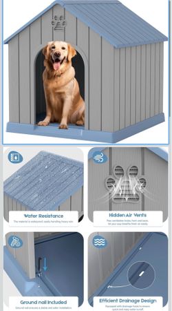 🔥Brand new🔥 Large Dog House Outdoor Indoor for Medium Large Dogs, Sturdy Plastic Waterproof Doghouse with Air Vents and Elevated Floor, Easy Clean a