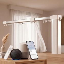 Pre-Assembled Telescopic Smart Curtain Track Kit, No Splicing/Cutting, AC Plug-in WiFi Motor (No Hub Required), Ceiling/Wall Mount, Tuya/Remote Contro
