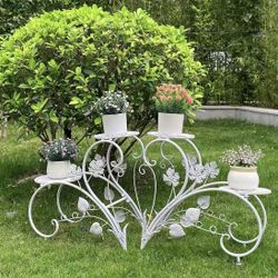XJJ686WT Plant Stand Heart Shaped: Set of 2 Metal Flower Racks Potted Iron Planter Display Shelves Holder for Patio Garden Entryway Home Decors (White
