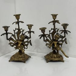Vintage set of 2 Soli Brass Cherub Candelabras – Sculptural European Candle Holders – Ornate Vintage