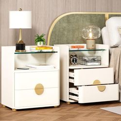 New   Modern Nightstand Set of 2, Nightstand with 2 Drawers & Open Storage Shelf, Beige Bed Side Table for Bedroom, Tempered Glasses End Tbble Side Ta